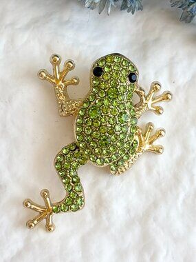 Frog Figural Green Rhinestoned Leaping Gold Toned Tiny Textured Cute Brooch Pin
